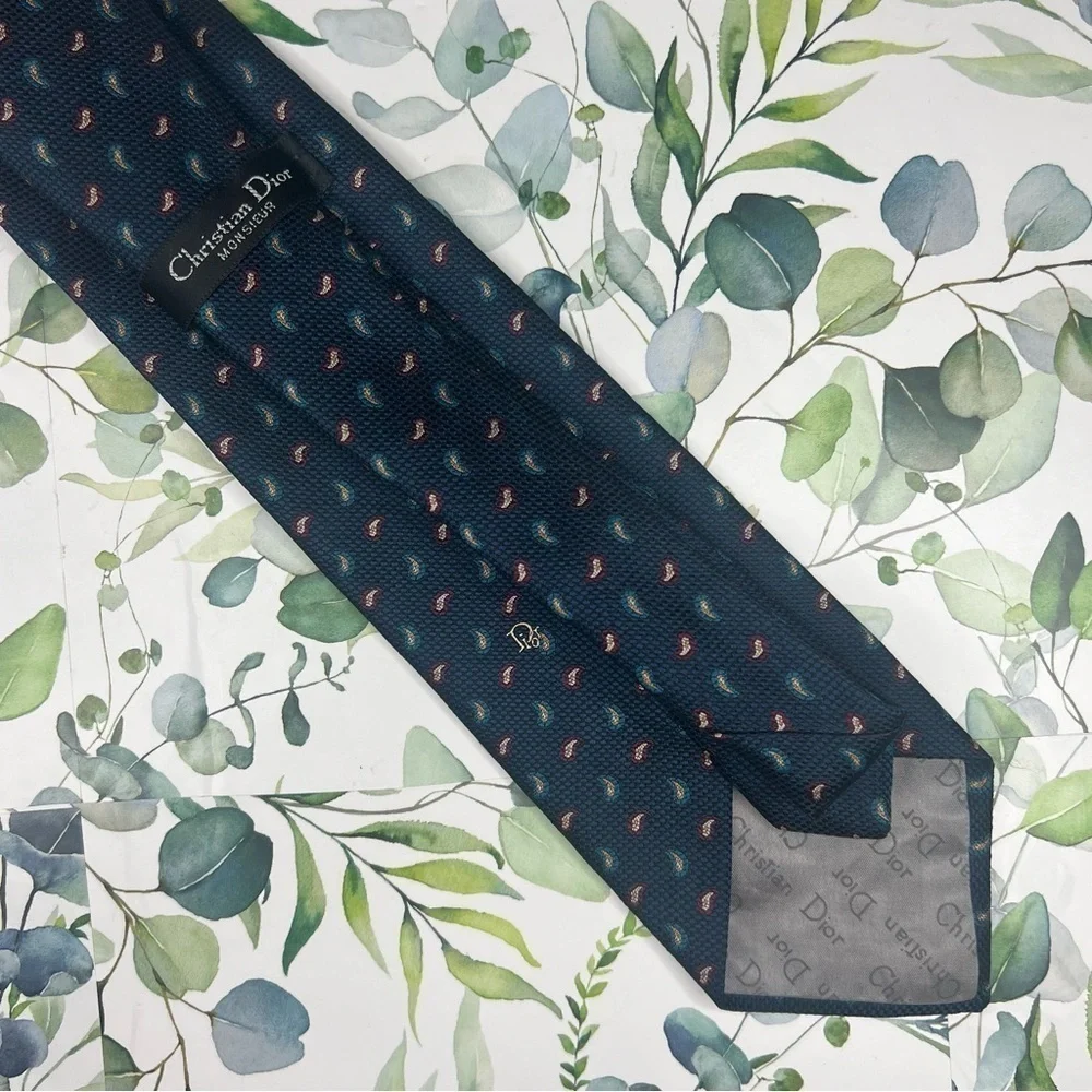 Christian Dior Navy Paisley Print Silk Blend Classic Neck Tie